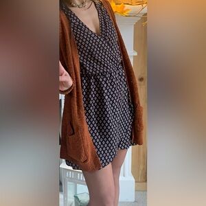 Akira Chicago Navy and Cream Patterned Wrap Dress